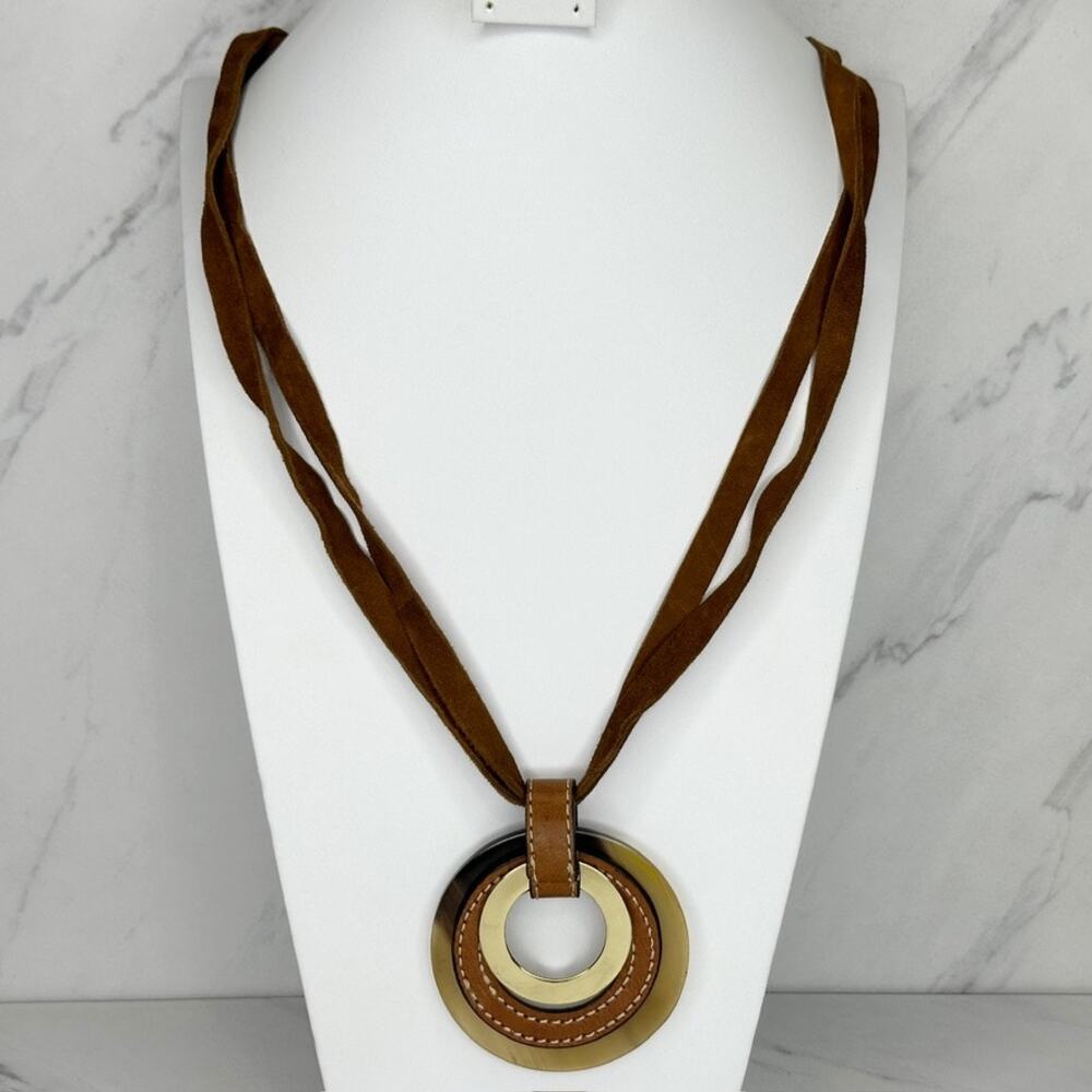 Chico's Faux Suede Cord Layered Circle Disc Pendant Gold Tone Necklace ✨